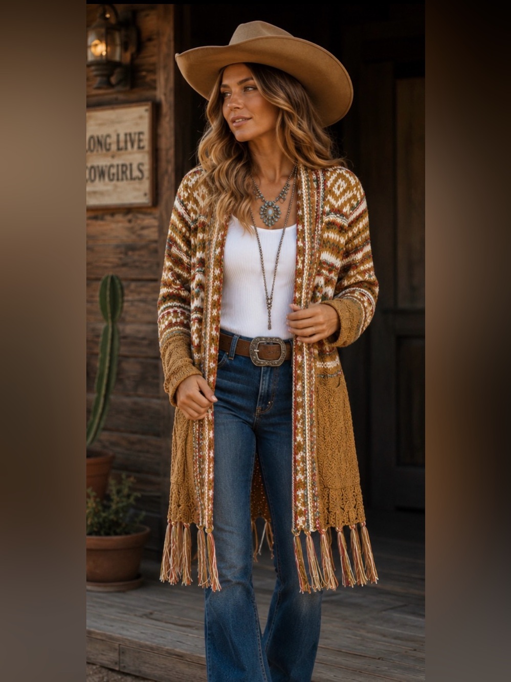 ADORA Western Boho Fringe Open Knit Long Cardigan